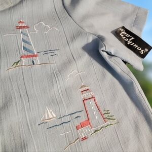NWT Southern Lady Nautical Blue Shirt Size M Embordered Boats Lighthouses T35